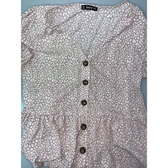 Shein Button up Blouse Size M Babydoll Pink Printed Short‎ Sleeve Top - Picture 5 of 7